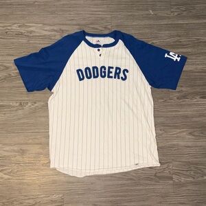 Majestic Los Angeles Dodgers Jersey Shirt Blue & White Pin Striped Mens Sz L